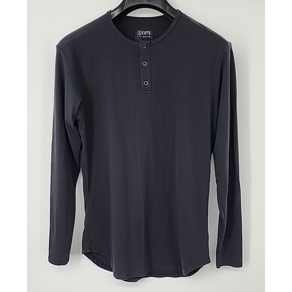 Cuts Clothing Elongated Long Sleeve‎ Henley Shirt Men's Medium Black Stretch EUC